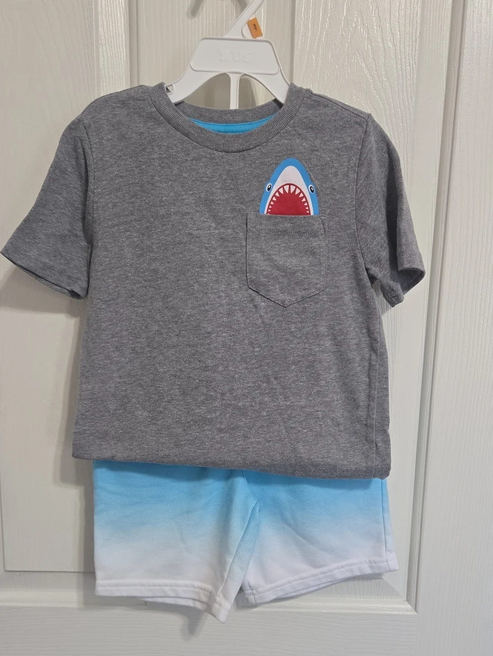 365 Kids grey shark shirt with matching blue ombre shorts